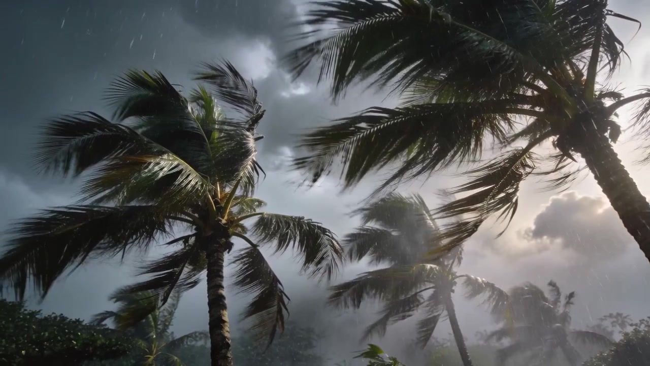 Arrivano raffiche di vento, palme da cocco che si piegano e sferzano in un boschetto costiero con striature di pioggia, luce attenuata.