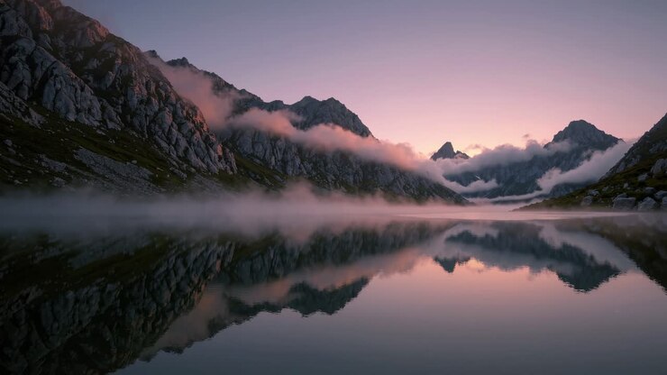 Un video di paesaggio sereno cattura un lago tranquillo che riflette montagne nebbiose all'alba, ripreso