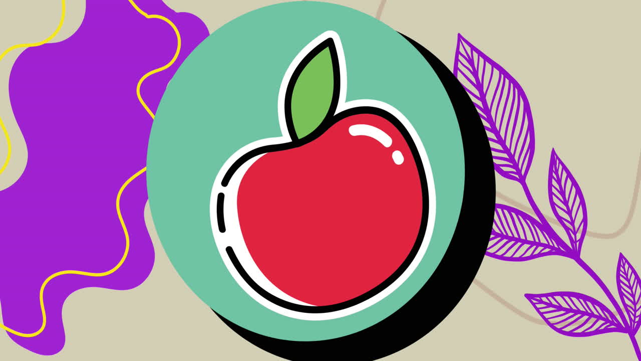 회색 배경에 보라색 모양과 잎을 가진 초록색 원에 떨어지는 빨간 사과의 애니메이션