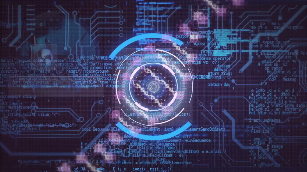 Animation of dna strand, scope scanning and digital data processing over dark background