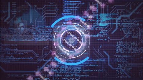 Animation-of-dna-strand,-scope-scanning-and-digital-data-processing-over-dark-background