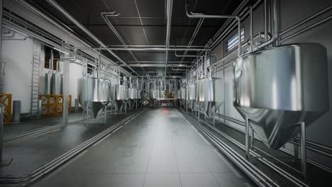 grandes tanques de fermentación de acero en una amplia sala de una moderna fábrica de producción de alcohol