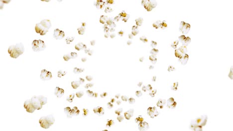 flying many popcorns on white background. white salty popcorn. healthy food. corn seed. 3d loop animation of popcorn rotating.