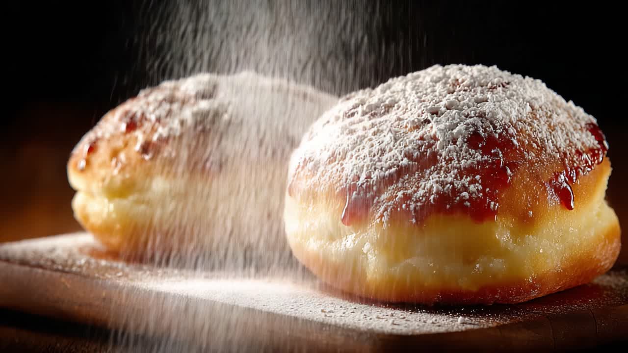 Köstlich süßes Gebäck: Üppige, cremefüllte Donuts, bestreut mit Puderzucker, in einer unwiderstehlichen Dessertpräsentation