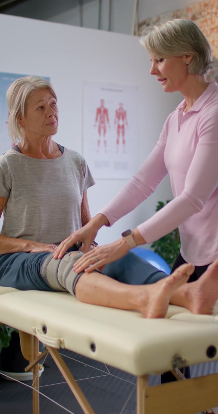 Vertical video: Female physio checking knee brace, feeling joint and guiding leg at clinic for exam