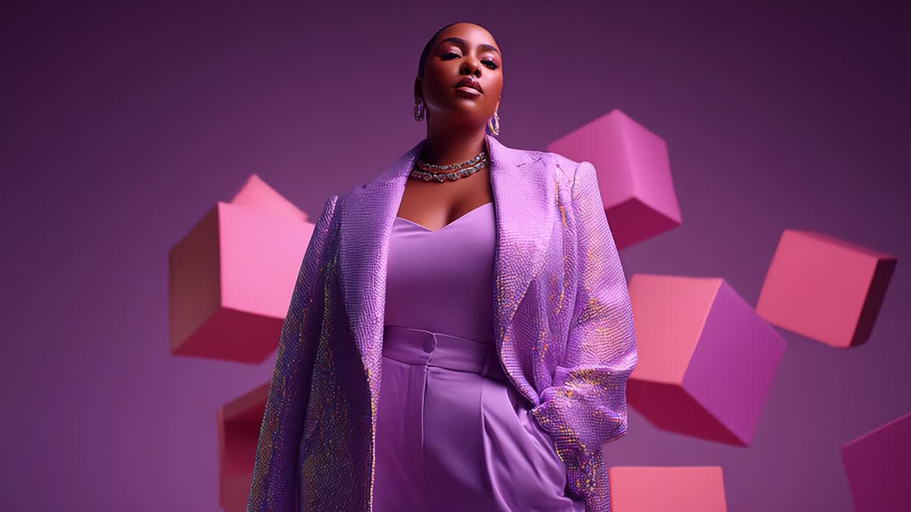 A confident model showcases a stunning lavender ensemble with a shimmering blazer and elegant accessories against a vibrant backdrop of floating geometric shapes in soft pink hues