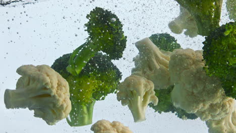 closeup cauliflower broccoli floating in water. vegetable flowing underwater.