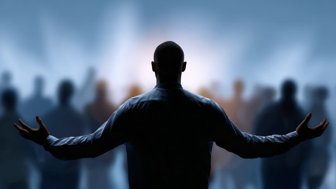 A Charismatic Leader Inspires a Crowd with Passionate Gestures and Energy, Capturing the Essence of Leadership and Motivation in a Dynamic Atmosphere