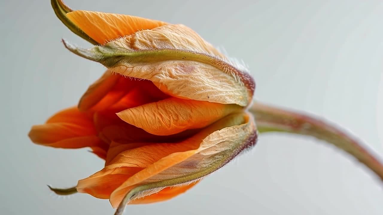 Elegant orange flower bud in close up. A close up of an orange flower bud reveals intricate textures and soft colors, showcasing nature's beauty and detail.