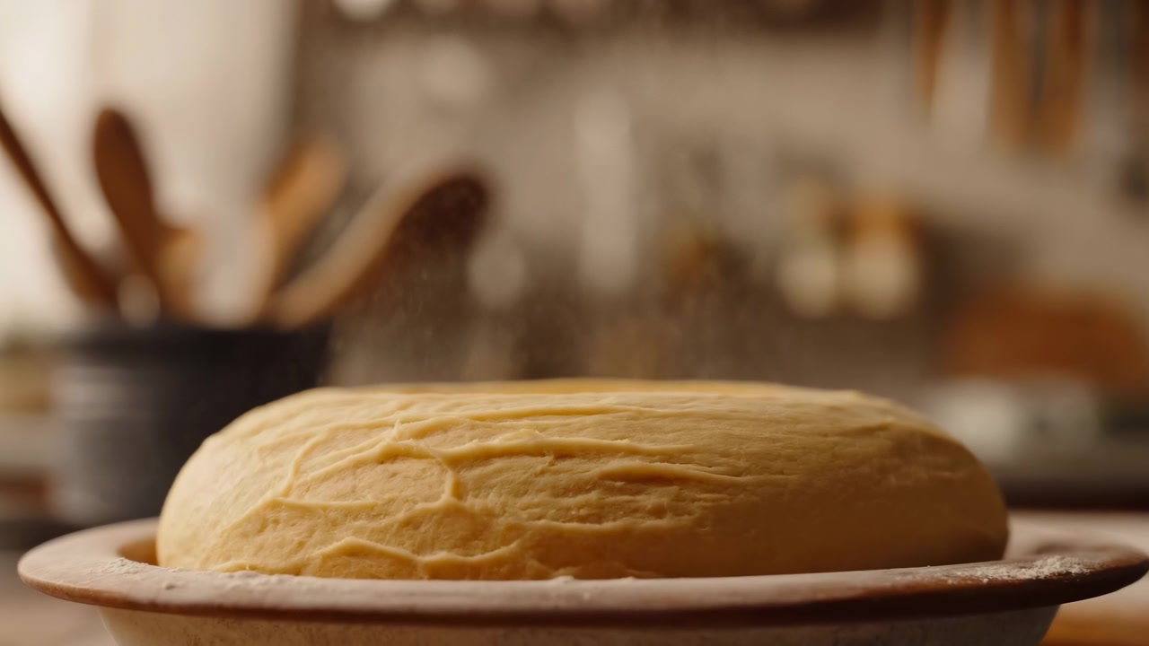 Low-angle close-up showing round proofing dough resting in shallow ceramic bowl while fine flour drifts down from above and settles gently across dough surface in warm home kitchen light