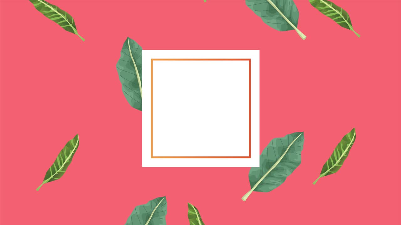 열대 이국적 인 잎 생태학 애니메이션 사각형 프레임 분홍색 배경