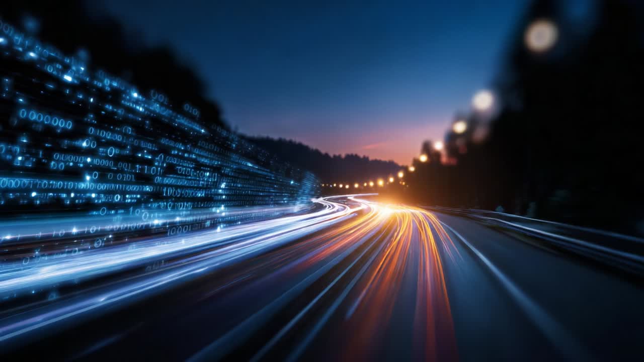 A mesmerizing visual journey through a dynamic roadway illuminated by vibrant light trails and a backdrop of digital binary elements, capturing the energy of movement and technology under twilight skies