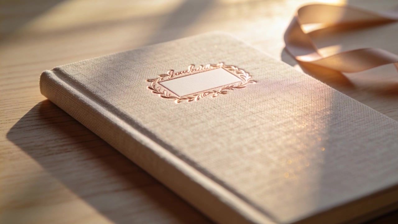 Shifting sunlight tweaking lens revealing linen journal on tabletop, showing embossed label, ribbon