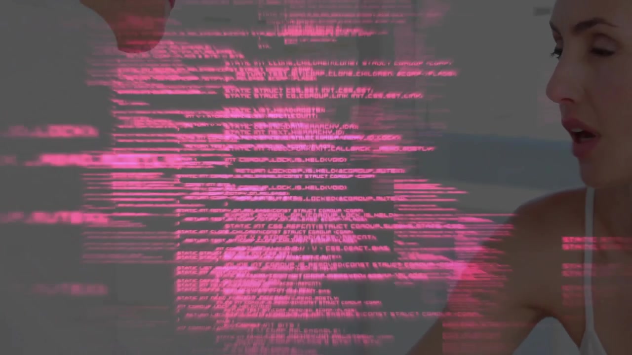 Doctor examining patient wrist with stethoscope while neon pink code overlay fragments receding