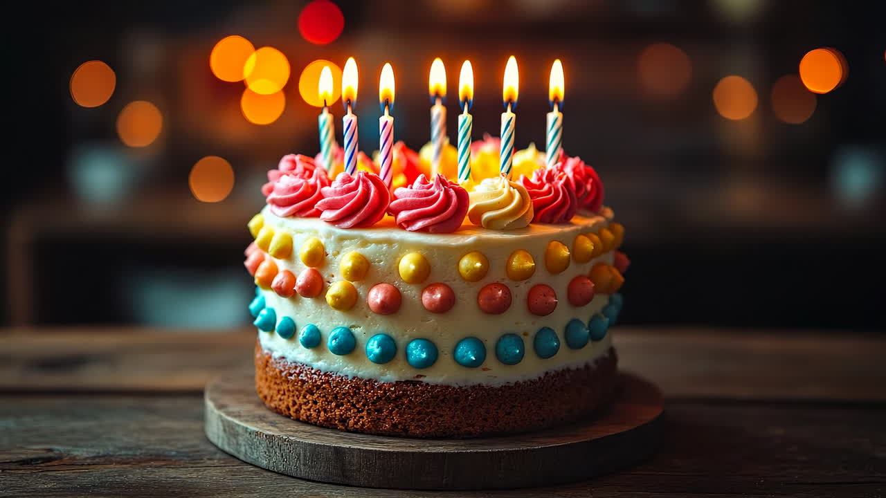 Colorful birthday cake with lit candles. A beautifully decorated birthday cake with colorful icing and candles glowing brightly, set on a wooden table