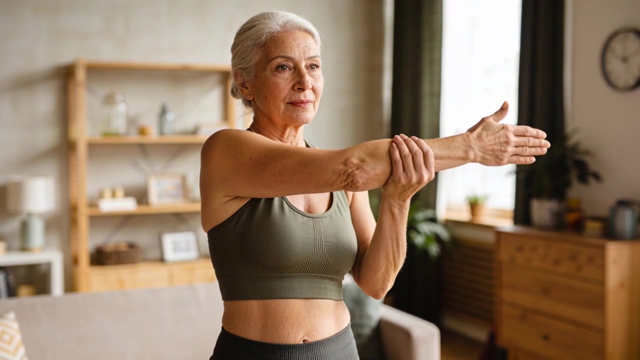 Iniciando o aquecimento, mulher idosa em roupa esportiva verde alternando alongamentos de ombro em casa, perto do sofá.