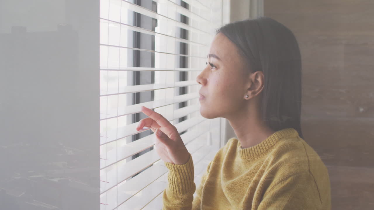 In school, animation on laptop capturing woman's attention through window blinds