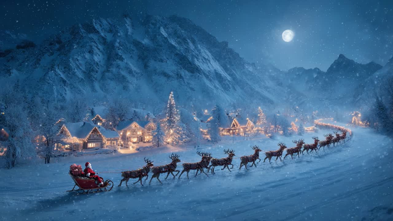 A Magical Winter Night: Santa Claus and His Reindeer Glide Over a Snowy Village Under the Moonlight, Bringing Joy and Cheer to All During the Holiday Season