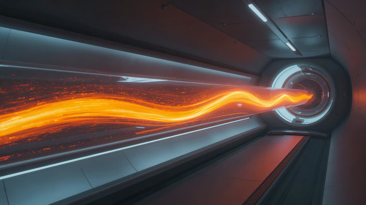 Moving bright orange energy ribbon following power surge down sleek tunnel, aligning with portal