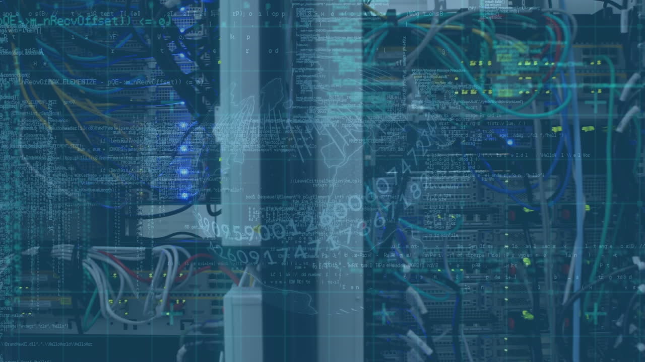 animación del procesamiento de datos a través de cables en la sala del servidor