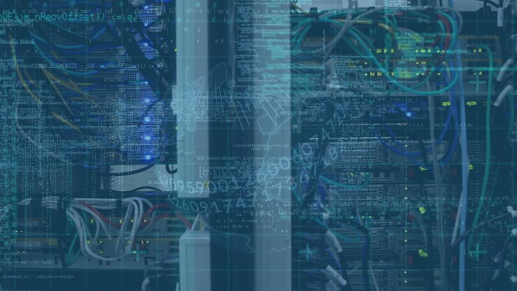 Animation of data processing over wires in server room
