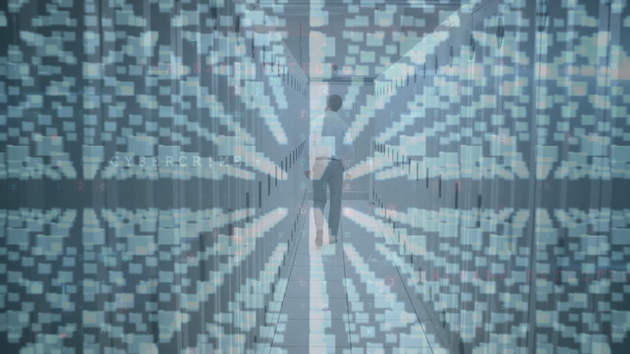 서버 에 있는 백인 남성 위에 사이버 공격 경고와 락의 애니메이션