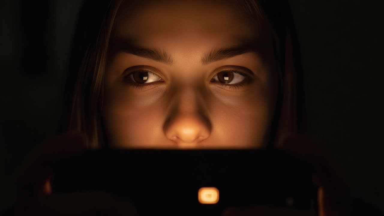 A Young Person's Intense Focus on a Smartphone in a Dimly Lit Environment, Capturing the Essence of Modern Digital Engagement and Connectivity