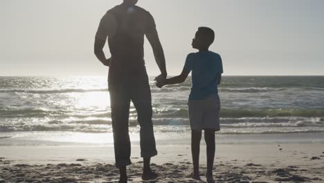 video of happy african american father and son walking on beach at sunset