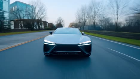 silver electric car drives along a suburban road, showcasing a backdrop of buildings and trees. the scene highlights modern transportation in a clean, green environment