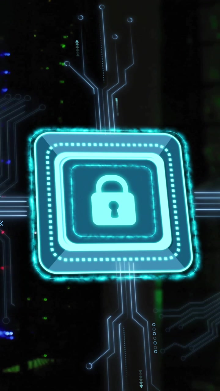 Animazione di un lucchetto con connessioni su una sala server