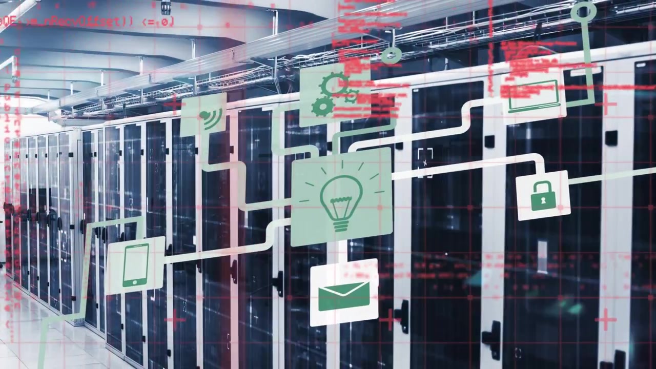 Animation of network of connections with icons and data processing over computer servers