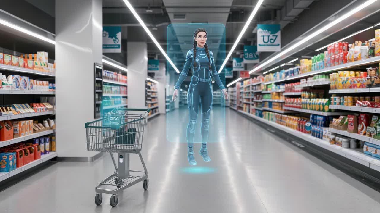 A futuristic shopping experience features a holographic assistant navigating the grocery aisle, seamlessly blending technology with consumerism in a modern retail environment