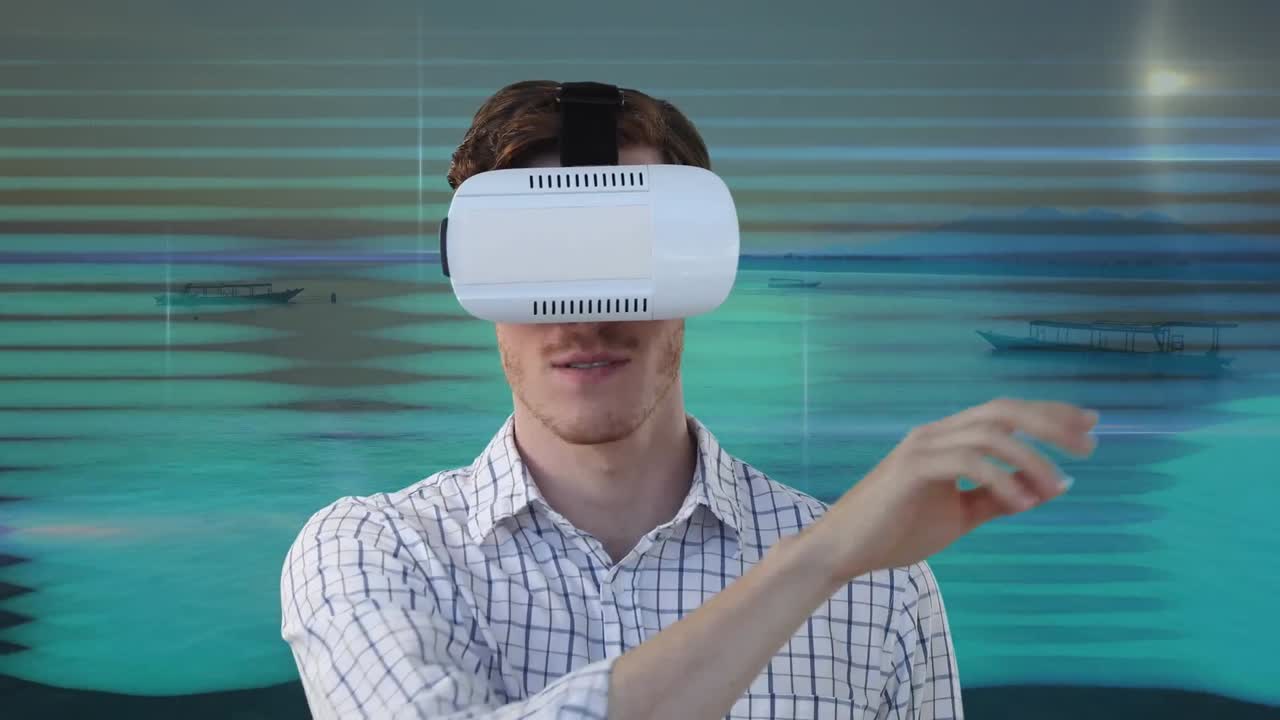 animación de hombre caucásico con auriculares vr sobre interferencia y mar