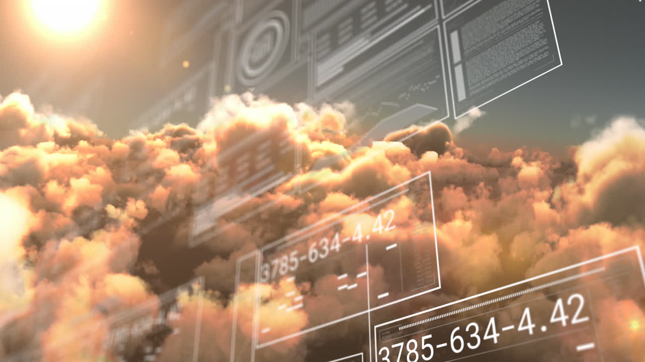 구름과 하늘에 반이는 태양에 대한 데이터 처리 인터페이스의 애니메이션