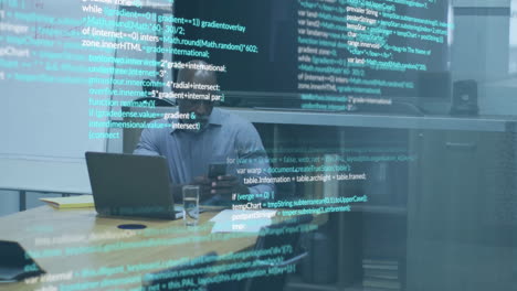 Animation of data processing over senior african american man using smartphone and laptop in office