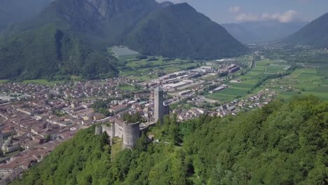 Aerial-panoramic-view-of-Borgo-Valsugana-in-Trentino-Italy-with-views-of-the-city-and-mountains