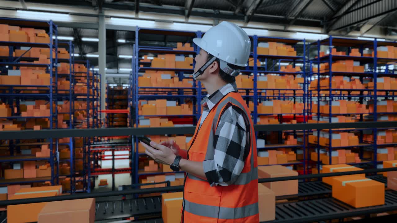 Side View Of Asian Male Engineer With Safety Helmet Using Smartphone And Looking Around While Standing In The Warehouse With Shelves Full Of Delivery Goods