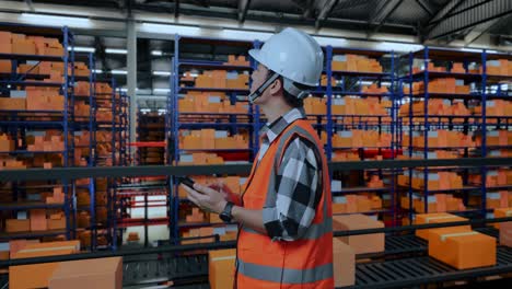 vista lateral de un ingeniero masculino asiático con casco de seguridad usando un teléfono inteligente y mirando a su alrededor mientras está de pie en el almacén con estantes llenos de productos de entrega