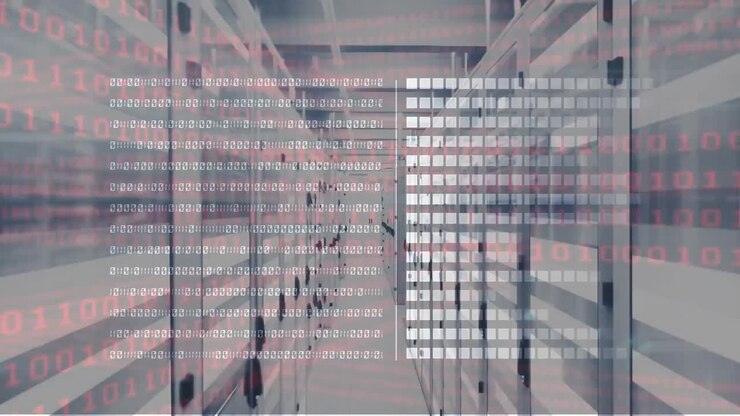 Animation of interface with data processing and binary coding against computer server room