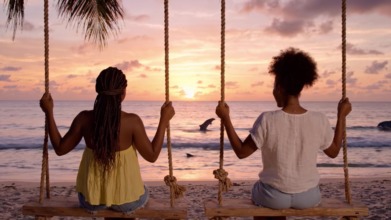 Two Friends Enjoying a Beautiful Sunset Together on Swings by the Beach, Watching Dolphins Play in the Ocean under a Colorful Sky