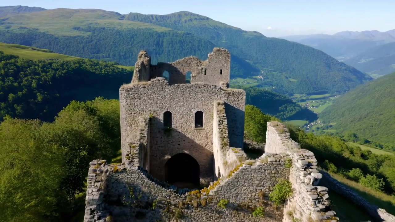Zvětralá kamenná zřícenina hradu stojí na horském hřebeni nad širokým zeleným údolím, viděno z vyvýšeného pohledu za jasného denního světla.