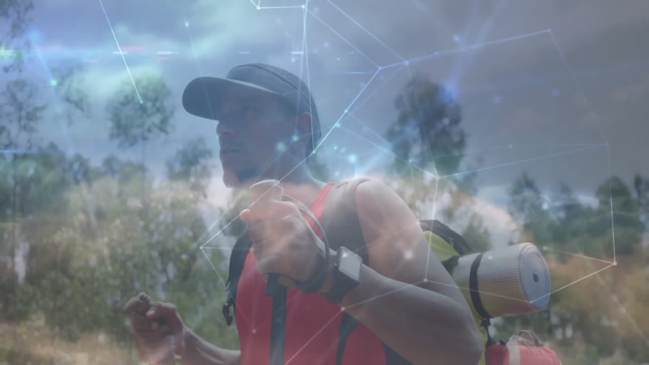 Man hiking with backpack and poles, digital network animation overlay