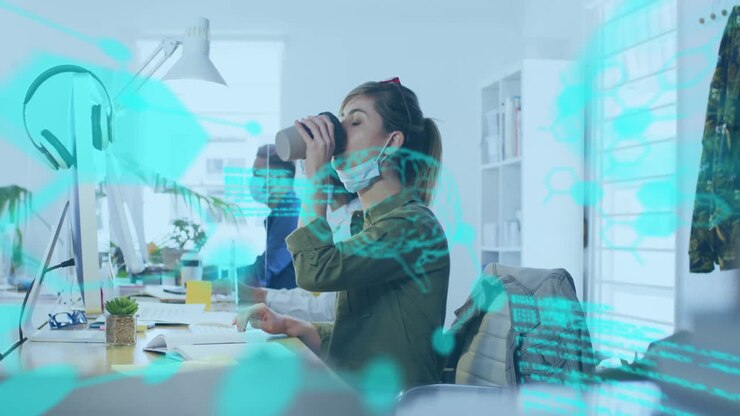 Drinking coffee and wearing mask, woman working in office with data animation