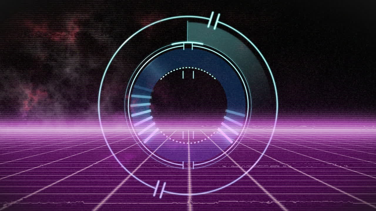 Animation of futuristic digital interface with circular elements on purple grid
