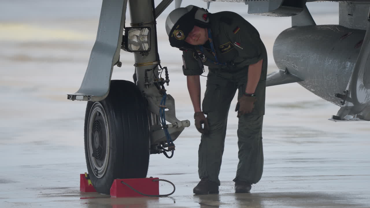 Pilot Inspecting Landing Gear of a Military Aircraft on the Tarmac