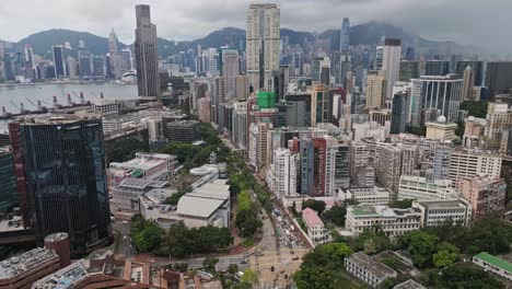 aerial over the skyscrapers of kowloon, hong kong, china