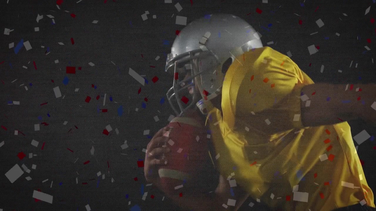 Animación de una bandera de EE. UU. ondeando y confeti cayendo sobre un jugador de fútbol americano.