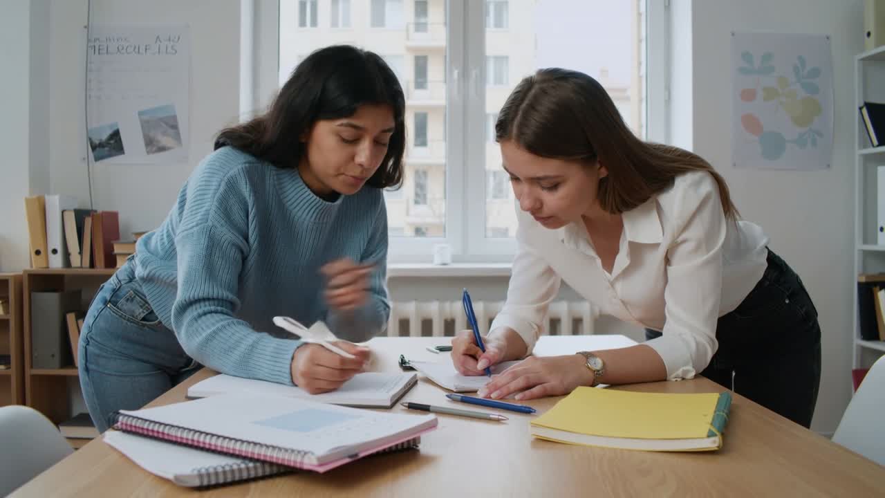 Quaderni sparsi, due donne con maglione blu e camicetta bianca che scrivono a un tavolo di studio, controllando gli appunti.