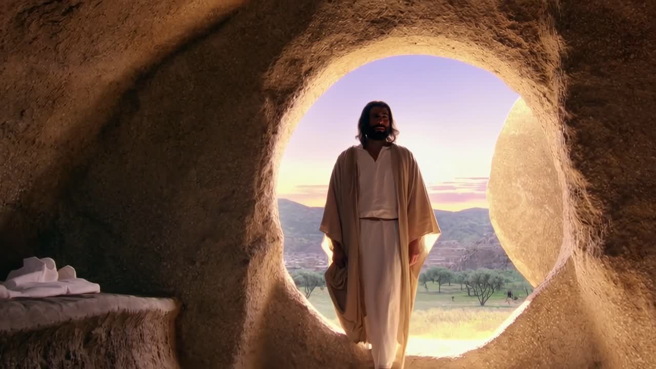 Ripresa video drammatica dal basso di una figura in veste che si erge all'ingresso di una grotta all'alba