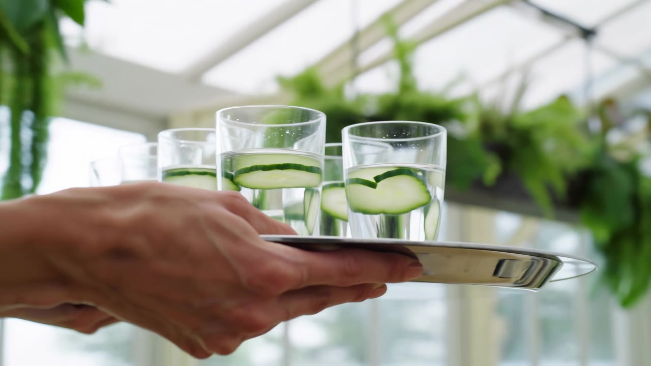 Two hands hold round metal tray carrying several clear glasses filled with cucumber water, each glass topped with thin cucumber slices, inside bright conservatory filled with hanging green plants